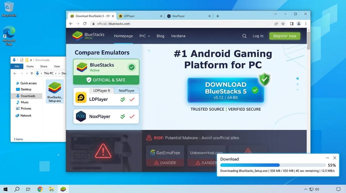 Downloading BlueStacks Android emulator from official website on Windows PC